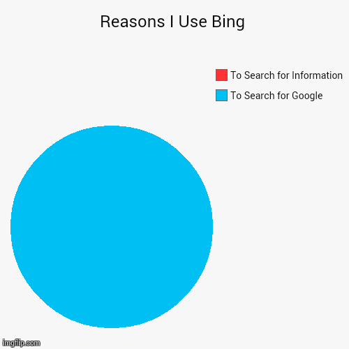 Reasons I Use Bing | To Search for Google, To Search for Information | image tagged in funny,pie charts | made w/ Imgflip chart maker