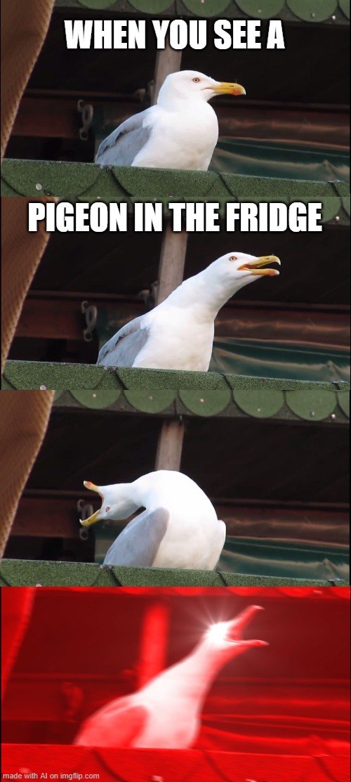 Inhaling Seagull | WHEN YOU SEE A; PIGEON IN THE FRIDGE | image tagged in memes,inhaling seagull,fridge | made w/ Imgflip meme maker
