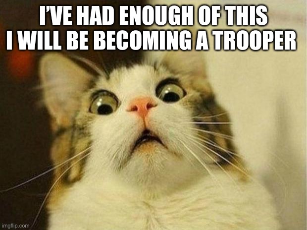 Please let me become a trooper | I’VE HAD ENOUGH OF THIS I WILL BE BECOMING A TROOPER | image tagged in memes,scared cat | made w/ Imgflip meme maker