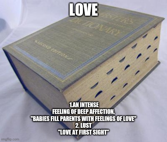 Love meaning | LOVE; 1.AN INTENSE FEELING OF DEEP AFFECTION.
"BABIES FILL PARENTS WITH FEELINGS OF LOVE"

2. LUST
"LOVE AT FIRST SIGHT" | image tagged in dictionary | made w/ Imgflip meme maker
