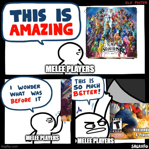 Melee players, get over it | MELEE PLAYERS; MELEE PLAYERS; MELEE PLAYERS | image tagged in super smash bros | made w/ Imgflip meme maker