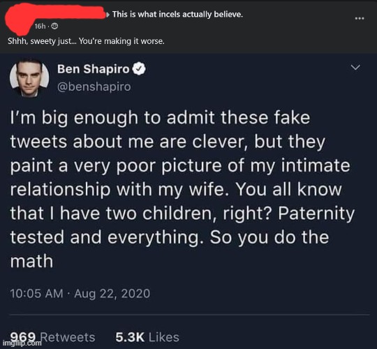 Even shitbags like Ben Shapiro should not have to deal with Twitter speculation about family life, but bruh | image tagged in ben shapiro,twitter,tweets,tweet,wife,bruh | made w/ Imgflip meme maker