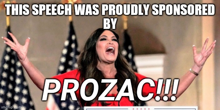 PROZAC!!!! | THIS SPEECH WAS PROUDLY SPONSORED
BY; PROZAC!!! | image tagged in rnc convention,speech,insanity | made w/ Imgflip meme maker