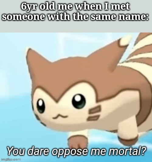 Furret you dare oppose me mortal? | 6yr old me when I met someone with the same name: | image tagged in furret you dare oppose me mortal | made w/ Imgflip meme maker