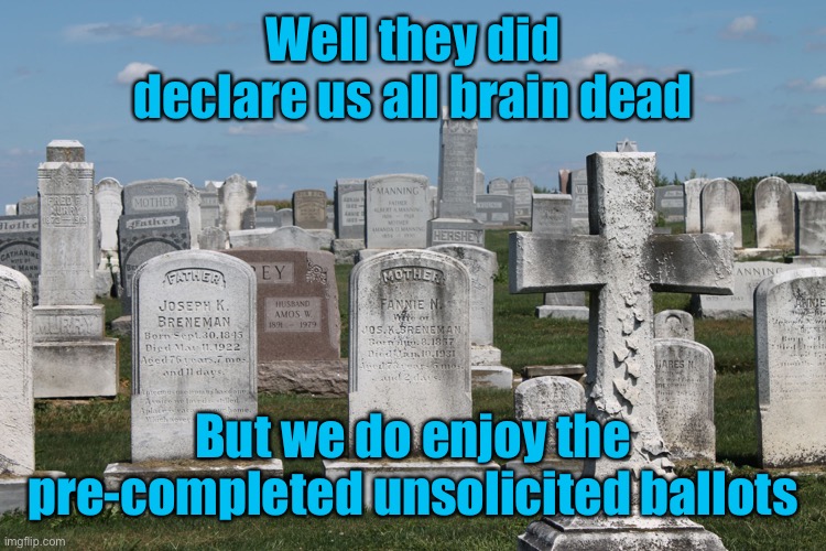 Cemetary | Well they did declare us all brain dead But we do enjoy the pre-completed unsolicited ballots | image tagged in cemetary | made w/ Imgflip meme maker