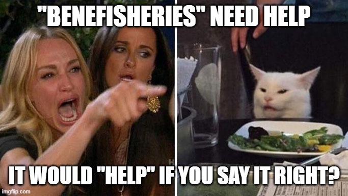 Benefisheries need help | "BENEFISHERIES" NEED HELP; IT WOULD "HELP" IF YOU SAY IT RIGHT? | image tagged in angry lady cat | made w/ Imgflip meme maker