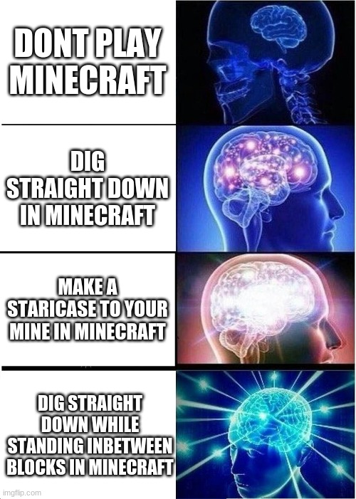 Mining in minecraft | DONT PLAY MINECRAFT; DIG STRAIGHT DOWN IN MINECRAFT; MAKE A STARICASE TO YOUR MINE IN MINECRAFT; DIG STRAIGHT DOWN WHILE STANDING INBETWEEN BLOCKS IN MINECRAFT | image tagged in memes,expanding brain | made w/ Imgflip meme maker