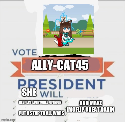 This took alot of work | ALLY-CAT45; SHE; AND MAKE IMGFLIP GREAT AGAIN; RESPECT EVERYONES OPINION; PUT A STOP TO ALL WARS | image tagged in vote me for president,please | made w/ Imgflip meme maker