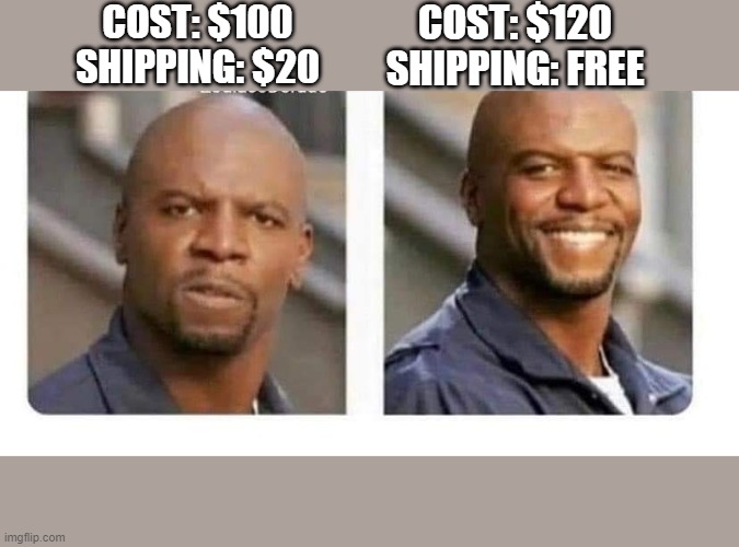 SHIPPING COST | COST: $100
SHIPPING: $20; COST: $120
SHIPPING: FREE | image tagged in shipping | made w/ Imgflip meme maker