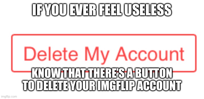 IF YOU EVER FEEL USELESS; KNOW THAT THERE’S A BUTTON TO DELETE YOUR IMGFLIP ACCOUNT | image tagged in imgflip,useless | made w/ Imgflip meme maker
