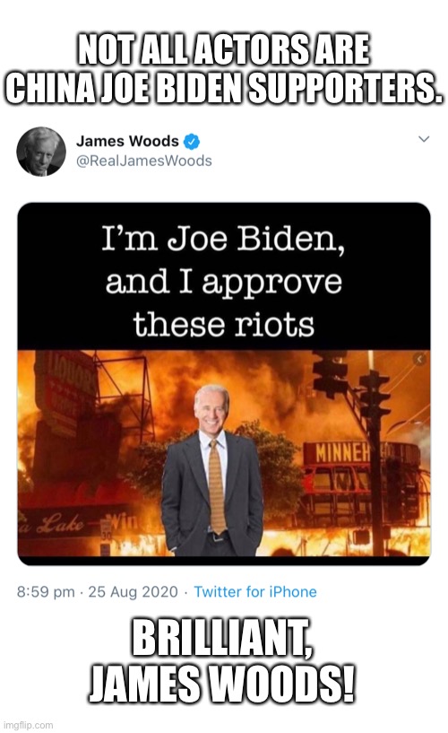 The great actor, James Woods, is no fan of Joe Biden! | NOT ALL ACTORS ARE CHINA JOE BIDEN SUPPORTERS. BRILLIANT, JAMES WOODS! | image tagged in joe biden,biden,creepy joe biden,corrupt,hollywood,election 2020 | made w/ Imgflip meme maker