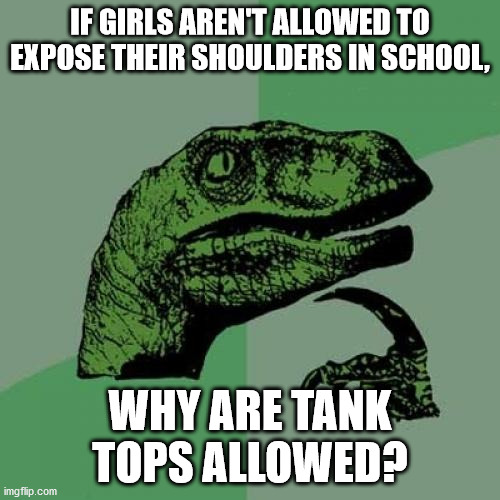 I wonder | IF GIRLS AREN'T ALLOWED TO EXPOSE THEIR SHOULDERS IN SCHOOL, WHY ARE TANK TOPS ALLOWED? | image tagged in memes,philosoraptor | made w/ Imgflip meme maker