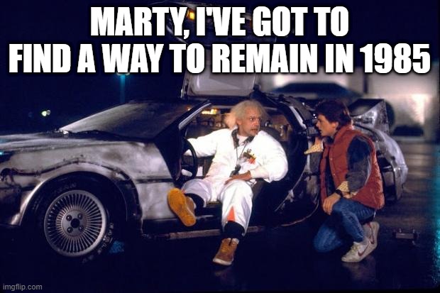Back to the future | MARTY, I'VE GOT TO FIND A WAY TO REMAIN IN 1985 | image tagged in back to the future | made w/ Imgflip meme maker