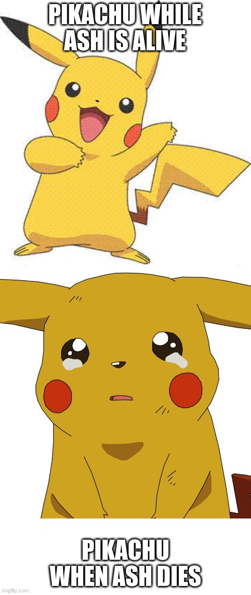 PIKACHU WHILE ASH IS ALIVE; PIKACHU WHEN ASH DIES | image tagged in pokemon,crying pikachu | made w/ Imgflip meme maker