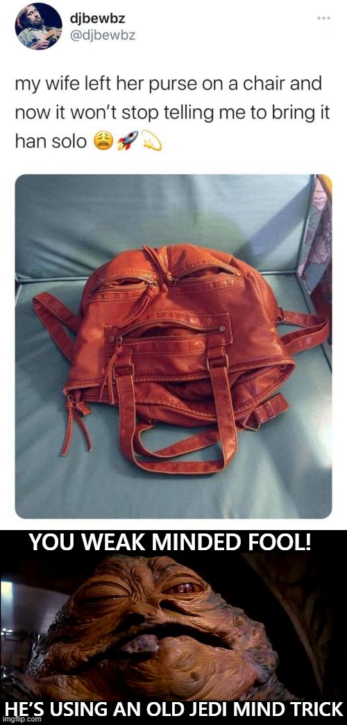 jabba the hutt is just not seein' it | YOU WEAK MINDED FOOL! HE’S USING AN OLD JEDI MIND TRICK | image tagged in jabba the hut,star wars,star wars meme,bag,lols,jabba | made w/ Imgflip meme maker