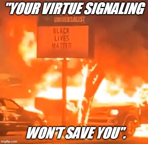 "YOUR VIRTUE SIGNALING; WON'T SAVE YOU". | image tagged in evil fire | made w/ Imgflip meme maker