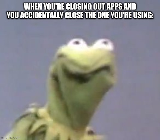 Kermit Cringe | WHEN YOU'RE CLOSING OUT APPS AND YOU ACCIDENTALLY CLOSE THE ONE YOU'RE USING: | image tagged in kermit cringe | made w/ Imgflip meme maker