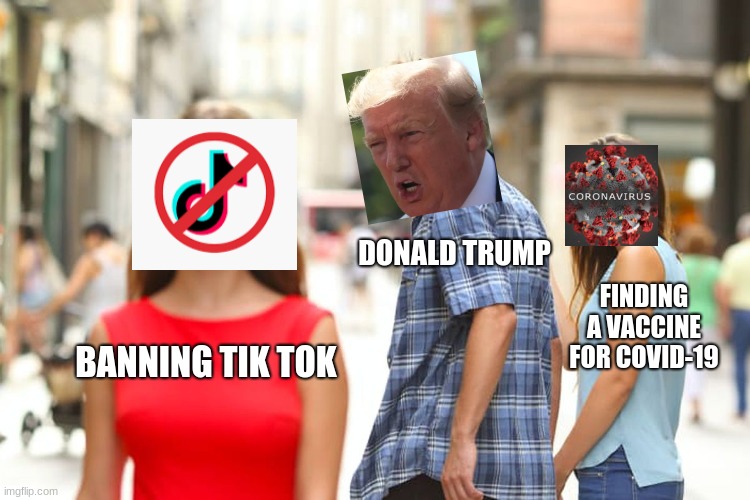 :) | DONALD TRUMP; FINDING A VACCINE FOR COVID-19; BANNING TIK TOK | image tagged in memes | made w/ Imgflip meme maker