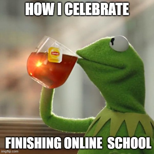 But That's None Of My Business | HOW I CELEBRATE; FINISHING ONLINE  SCHOOL | image tagged in memes,but that's none of my business,kermit the frog | made w/ Imgflip meme maker