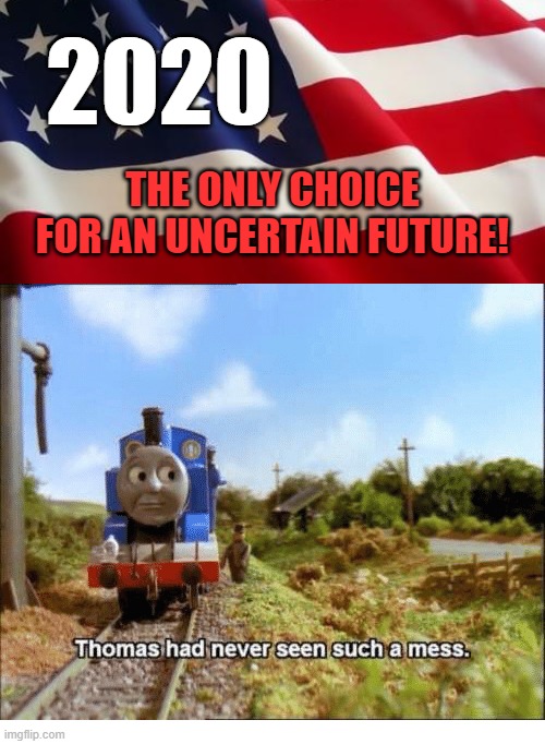 When you vote vote for the future of being the same! | 2020; THE ONLY CHOICE FOR AN UNCERTAIN FUTURE! | image tagged in american flag,thomas had never seen such a mess,memes,2020,president | made w/ Imgflip meme maker