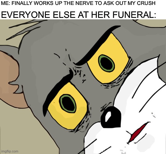 Unsettled Tim | ME: FINALLY WORKS UP THE NERVE TO ASK OUT MY CRUSH; EVERYONE ELSE AT HER FUNERAL: | image tagged in blank white template,memes,unsettled tom,funny | made w/ Imgflip meme maker