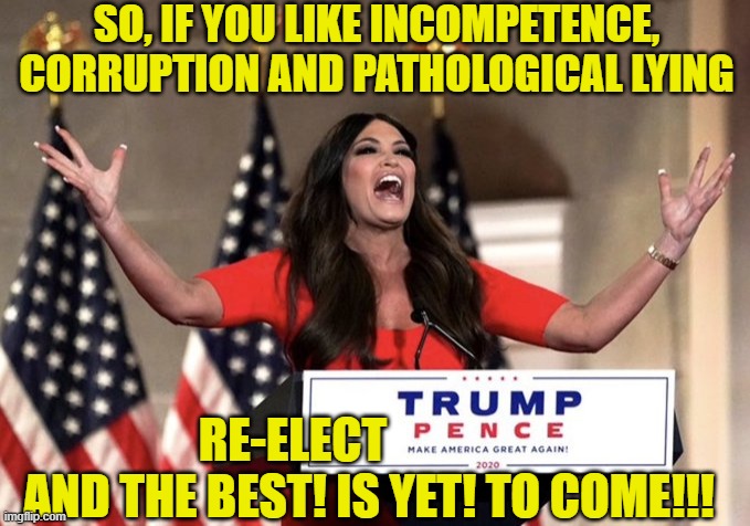 Why Is This Woman Yelling To An Empty Arena??? | SO, IF YOU LIKE INCOMPETENCE, CORRUPTION AND PATHOLOGICAL LYING; RE-ELECT                 AND THE BEST! IS YET! TO COME!!! | image tagged in kim guilfoyle | made w/ Imgflip meme maker