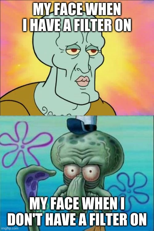 Squidward | MY FACE WHEN I HAVE A FILTER ON; MY FACE WHEN I DON'T HAVE A FILTER ON | image tagged in memes,squidward | made w/ Imgflip meme maker