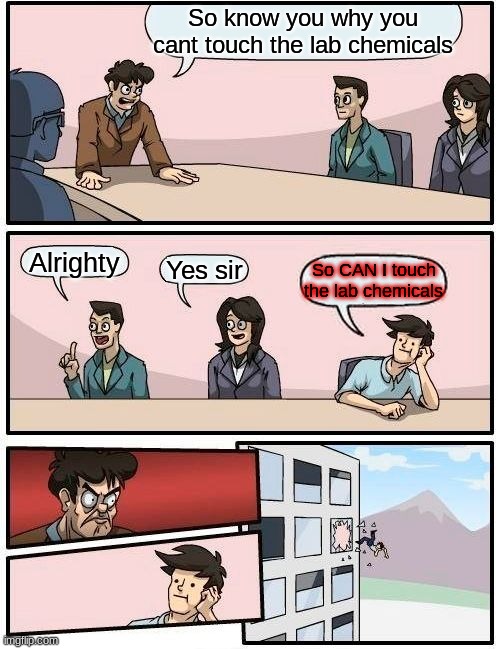 Boardroom Meeting Suggestion | So know you why you cant touch the lab chemicals; Alrighty; Yes sir; So CAN I touch the lab chemicals | image tagged in memes,boardroom meeting suggestion | made w/ Imgflip meme maker
