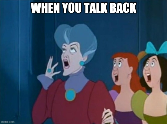 Shocked Stepmother and Stepsisters | WHEN YOU TALK BACK | image tagged in shocked stepmother and stepsisters | made w/ Imgflip meme maker