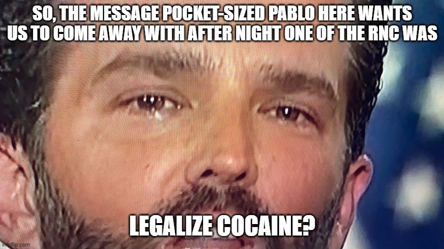King Blow-Hard | SO, THE MESSAGE POCKET-SIZED PABLO HERE WANTS US TO COME AWAY WITH AFTER NIGHT ONE OF THE RNC WAS; LEGALIZE COCAINE? | image tagged in coke,high,donald trump junior | made w/ Imgflip meme maker