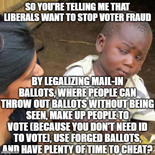 PLS DON'T FALL FOR THIS MAIL-IN BALLOT SCAM!!! IT MAKES RIGGING THE ELECTION VERY EASY!!! | SO YOU'RE TELLING ME THAT LIBERALS WANT TO STOP VOTER FRAUD; BY LEGALIZING MAIL-IN BALLOTS, WHERE PEOPLE CAN THROW OUT BALLOTS WITHOUT BEING SEEN, MAKE UP PEOPLE TO VOTE (BECAUSE YOU DON'T NEED ID TO VOTE), USE FORGED BALLOTS, AND HAVE PLENTY OF TIME TO CHEAT? | image tagged in memes,third world skeptical kid,funny,politics,presidential race,voter fraud | made w/ Imgflip meme maker