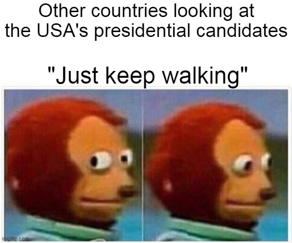 Monkey Puppet Meme | Other countries looking at the USA's presidential candidates; "Just keep walking" | image tagged in memes,monkey puppet | made w/ Imgflip meme maker