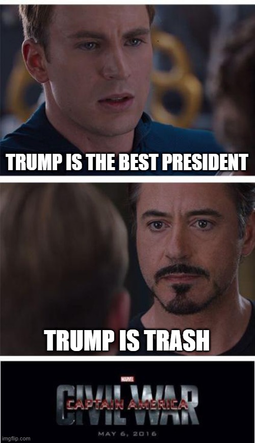 this is true tho | TRUMP IS THE BEST PRESIDENT; TRUMP IS TRASH | image tagged in memes,marvel civil war 1,trump 2020,funny,politics,president trump | made w/ Imgflip meme maker
