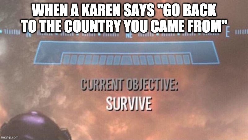 Current Objective: Survive | WHEN A KAREN SAYS "GO BACK TO THE COUNTRY YOU CAME FROM" | image tagged in current objective survive | made w/ Imgflip meme maker