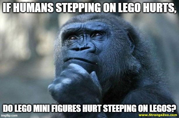 Deep Thoughts | IF HUMANS STEPPING ON LEGO HURTS, DO LEGO MINI FIGURES HURT STEEPING ON LEGOS? | image tagged in memes,logic,legos | made w/ Imgflip meme maker