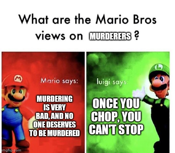 A bit dark | MURDERERS; MURDERING IS VERY BAD, AND NO ONE DESERVES TO BE MURDERED; ONCE YOU CHOP, YOU CAN'T STOP | image tagged in mario bros views | made w/ Imgflip meme maker