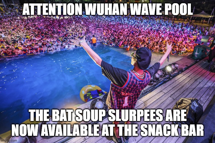 Wuhan Chinese Virus Pool Party | ATTENTION WUHAN WAVE POOL; THE BAT SOUP SLURPEES ARE NOW AVAILABLE AT THE SNACK BAR | image tagged in wuhan chinese virus pool party | made w/ Imgflip meme maker