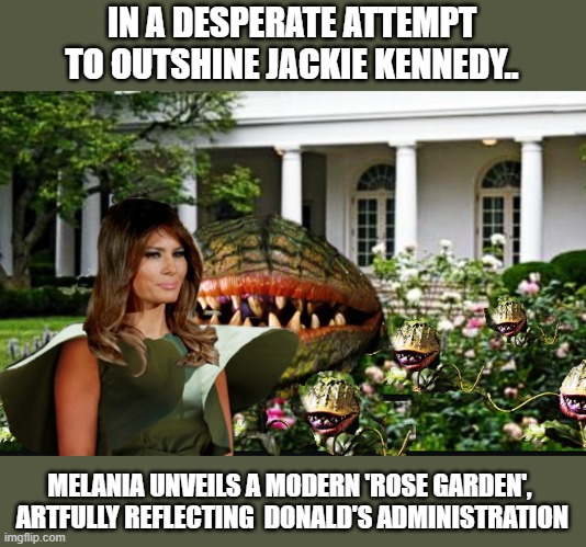 Don't miss it!! | IN A DESPERATE ATTEMPT TO OUTSHINE JACKIE KENNEDY.. MELANIA UNVEILS A MODERN 'ROSE GARDEN',  ARTFULLY REFLECTING  DONALD'S ADMINISTRATION | image tagged in melania,melania trump meme,trump is a moron,donald trump is an idiot | made w/ Imgflip meme maker