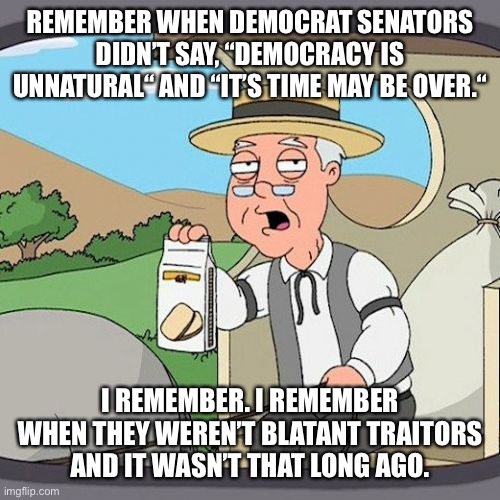 Pepperidge Farm Remembers Meme | REMEMBER WHEN DEMOCRAT SENATORS DIDN’T SAY, “DEMOCRACY IS UNNATURAL“ AND “IT’S TIME MAY BE OVER.“; I REMEMBER. I REMEMBER WHEN THEY WEREN’T BLATANT TRAITORS AND IT WASN’T THAT LONG AGO. | image tagged in memes,pepperidge farm remembers,democrats,traitors,communist socialist | made w/ Imgflip meme maker