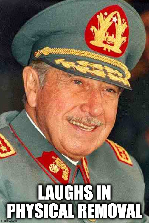 Laughs in physical removal | LAUGHS IN PHYSICAL REMOVAL | image tagged in pinochet,physical removal | made w/ Imgflip meme maker