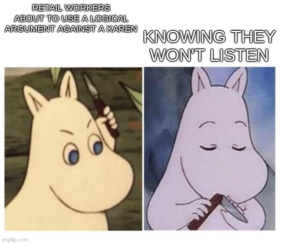 I feel bad for retail workers | RETAIL WORKERS ABOUT TO USE A LOGICAL ARGUMENT AGAINST A KAREN; KNOWING THEY WON'T LISTEN | image tagged in moomin knife | made w/ Imgflip meme maker