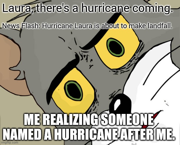 LauraCain | Laura, there's a hurricane coming. News Flash: Hurricane Laura is about to make landfall. ME REALIZING SOMEONE NAMED A HURRICANE AFTER ME. | image tagged in memes,unsettled tom | made w/ Imgflip meme maker