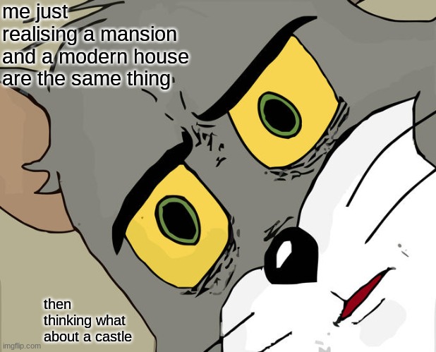 Unsettled Tom Meme | me just realising a mansion and a modern house are the same thing; then thinking what about a castle | image tagged in memes,unsettled tom | made w/ Imgflip meme maker