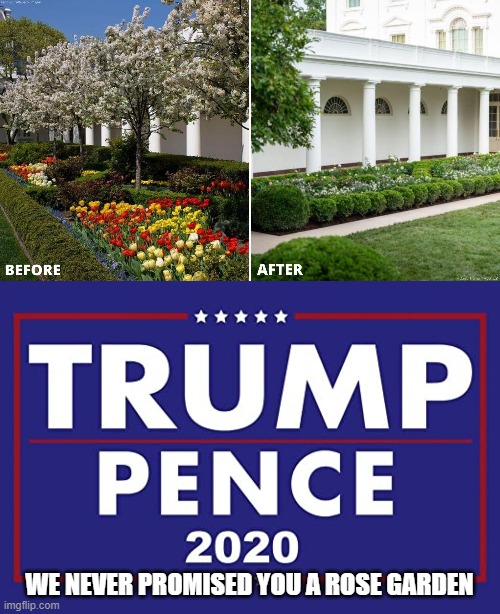 America metaphor in 3, 2, 1 | WE NEVER PROMISED YOU A ROSE GARDEN | image tagged in memes,white house rose garden,trump pence 2020 | made w/ Imgflip meme maker