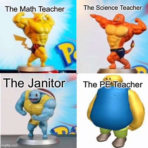 School be like: | The Math Teacher; The Science Teacher; The Janitor; The PE Teacher | image tagged in unhelpful high school teacher | made w/ Imgflip meme maker