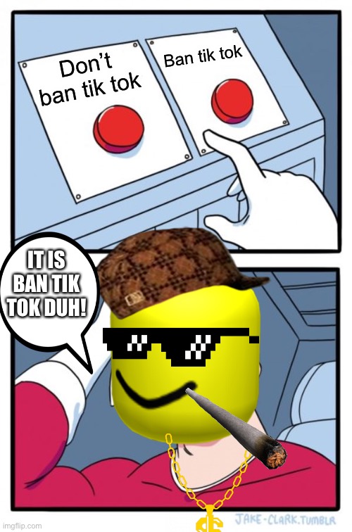 Duh! Ban tik tok | Ban tik tok; Don’t ban tik tok; IT IS BAN TIK TOK DUH! | image tagged in memes,two buttons | made w/ Imgflip meme maker