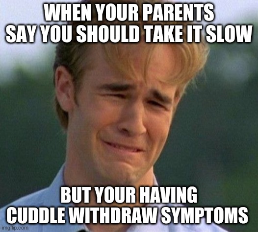 1990s First World Problems Meme | WHEN YOUR PARENTS SAY YOU SHOULD TAKE IT SLOW; BUT YOUR HAVING CUDDLE WITHDRAW SYMPTOMS | image tagged in memes,1990s first world problems | made w/ Imgflip meme maker