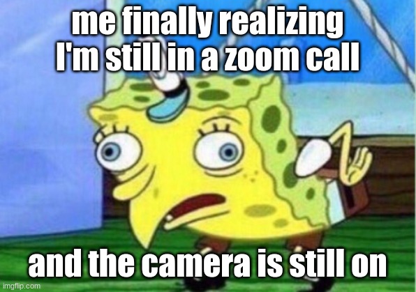 Mocking Spongebob | me finally realizing I'm still in a zoom call; and the camera is still on | image tagged in memes,mocking spongebob | made w/ Imgflip meme maker