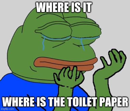 pepe cry |  WHERE IS IT; WHERE IS THE TOILET PAPER | image tagged in pepe cry | made w/ Imgflip meme maker