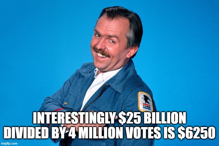 INTERESTINGLY $25 BILLION DIVIDED BY 4 MILLION VOTES IS $6250 | made w/ Imgflip meme maker